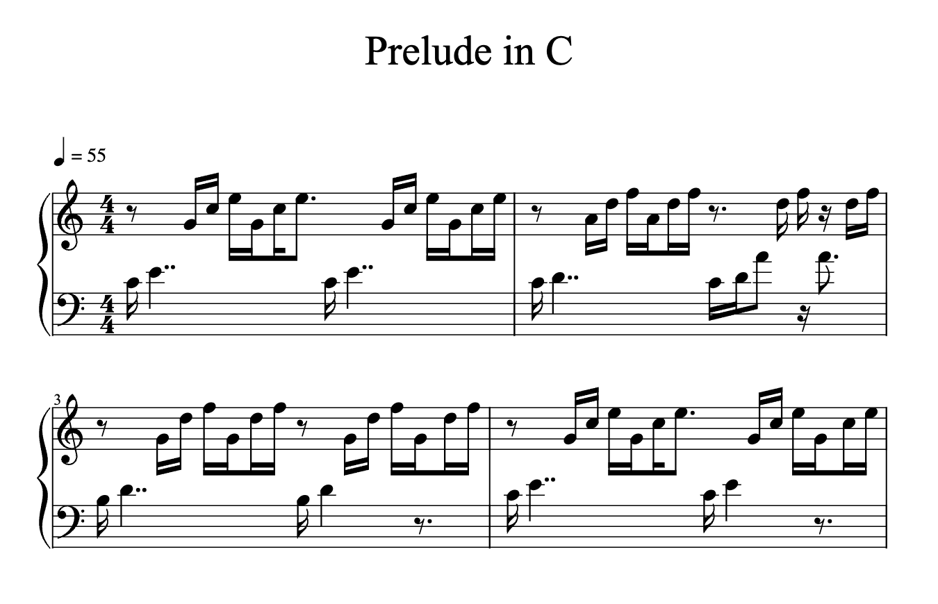 Sheet music for the first four bars of Bach's Prelude in C, transcribed by the app: treble and bass staves in 4/4 at crotchet = 55.